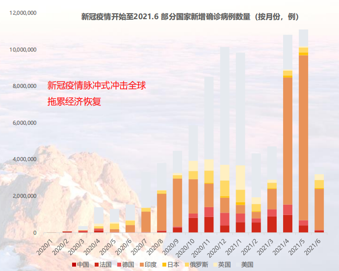 新冠疫情开始至2021.6 部分国家新增确诊病例数量（按月份，例）